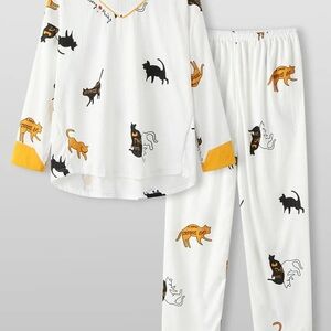 Women pajama set with Cat Print - White and Yellow